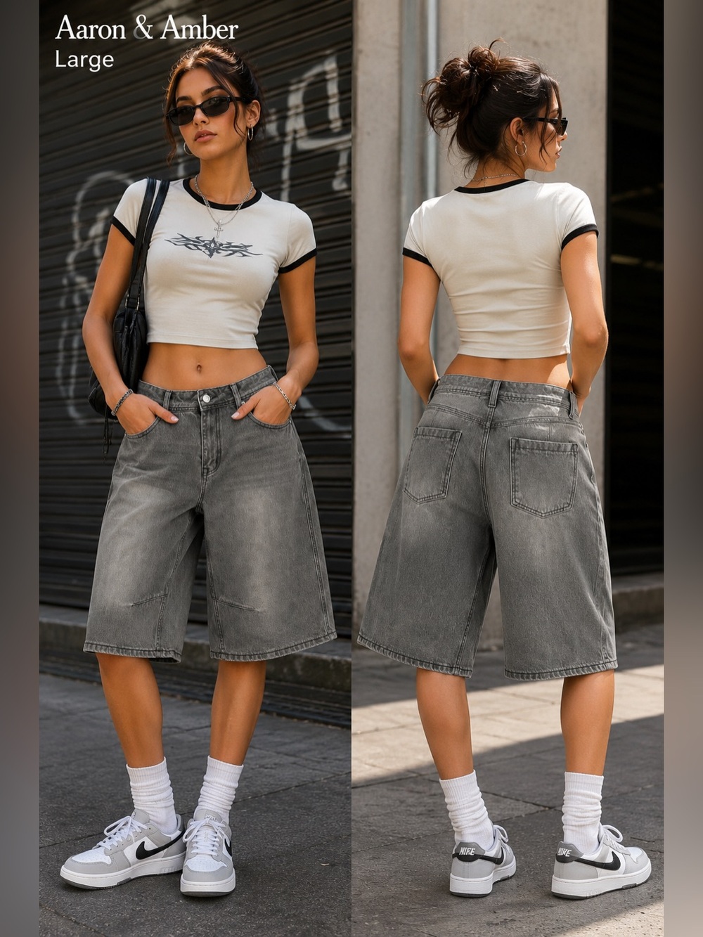 Aaron & Amber shorts Womens sz large Light Black Wash Denim Bermuda grunge flaw